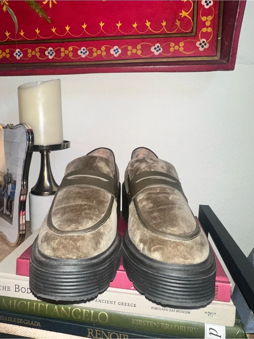 Stuart Weitzman Soho Olive Velvet Lug Sole Loafers